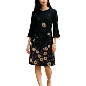 Tommy Hilfiger Dress Size 6 Black Floral Bell Sleeve Sheath